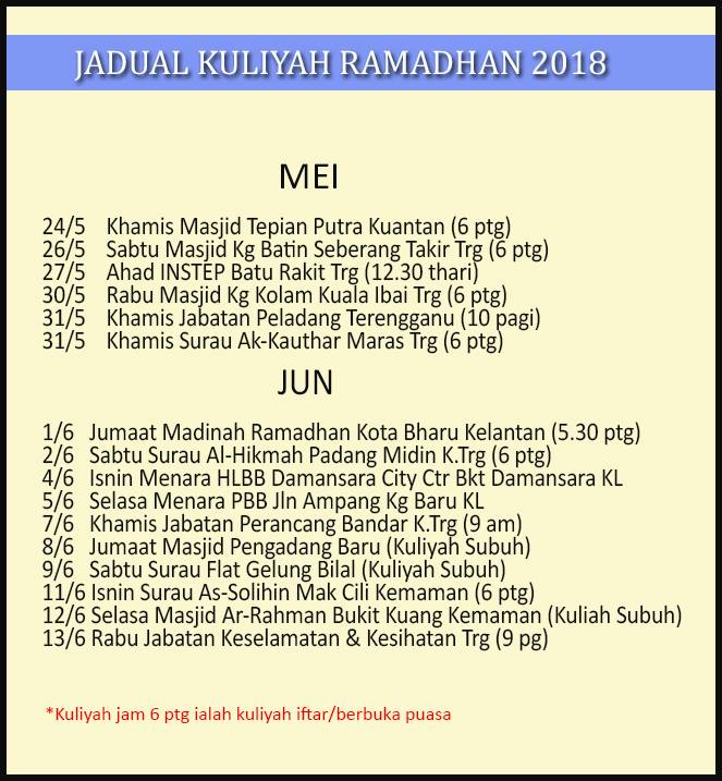 Jadual Kuliah Ustaz Azhar Idrus (UAI) JUN 2018